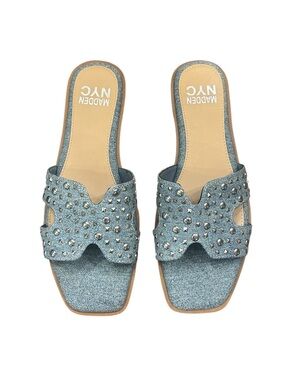 Madden NYC Women's Classic Flat Slide Sandals in Washed Denim Size 7